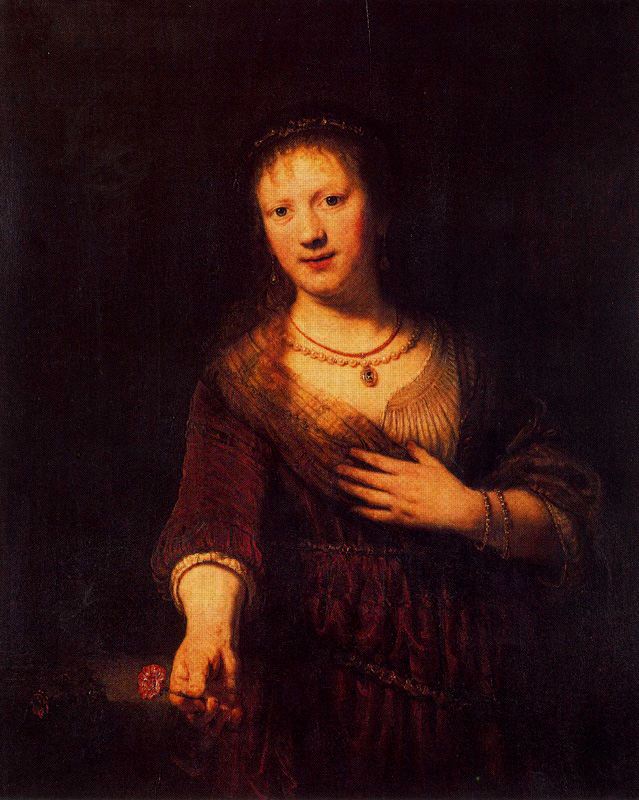 Retrato de Saskia con flor roja